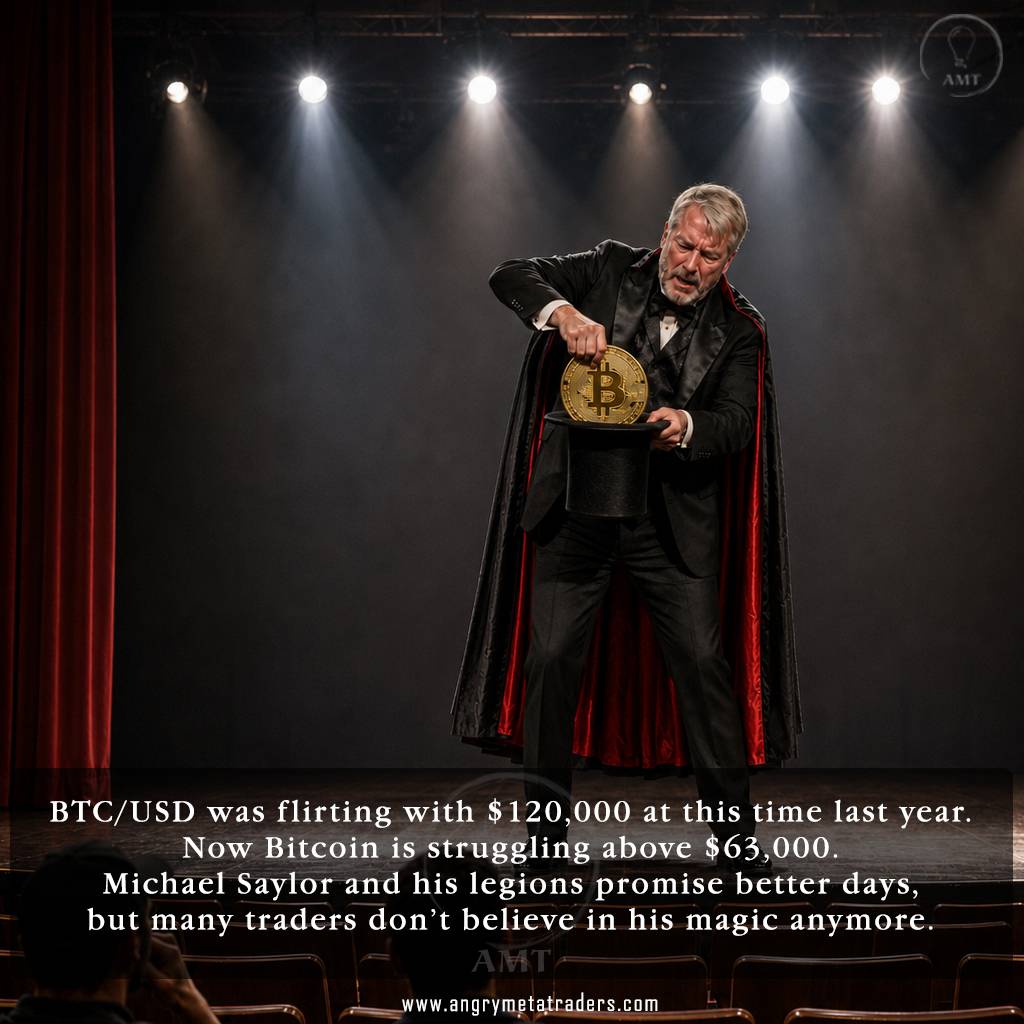 Michael Saylor dressed as a magician, struggling to pull a large Bitcoin coin from a top hat onstage before a small audience in a mostly empty theater.