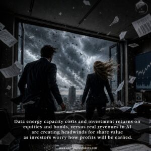 Investors in a financial office facing a powerful storm as documents fly through the air and a financial chart is displayed on the wall.