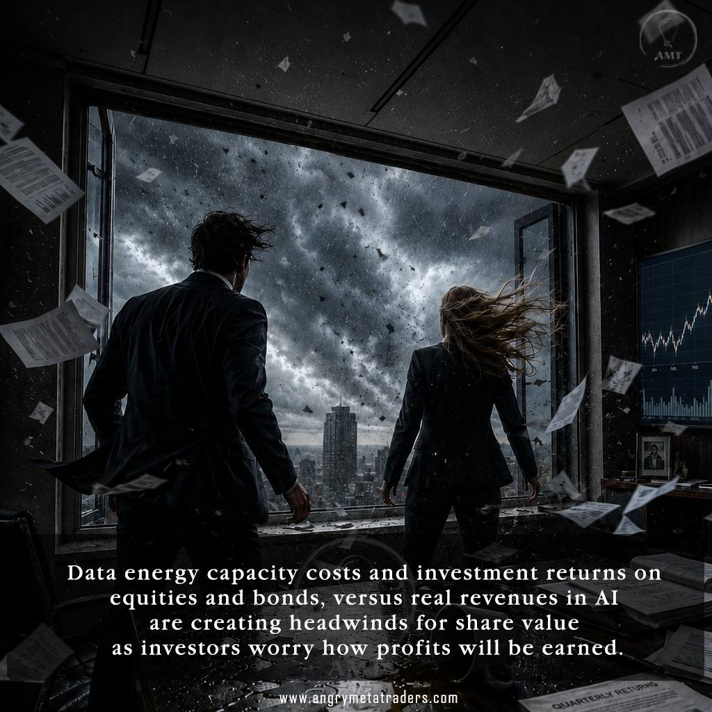 Investors in a financial office facing a powerful storm as documents fly through the air and a financial chart is displayed on the wall.
