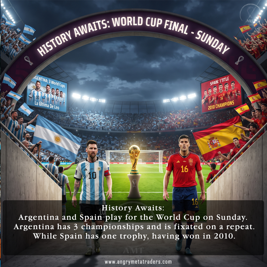 Lionel Messi and a Spain player walk from a stadium tunnel toward the World Cup trophy before the Argentina vs Spain final.