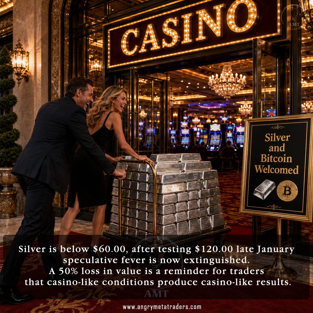 A man and woman push a trolley loaded with silver bars into a casino beside a sign reading “Silver and Bitcoin Welcomed,” illustrating silver’s fall from $120 to below $60.