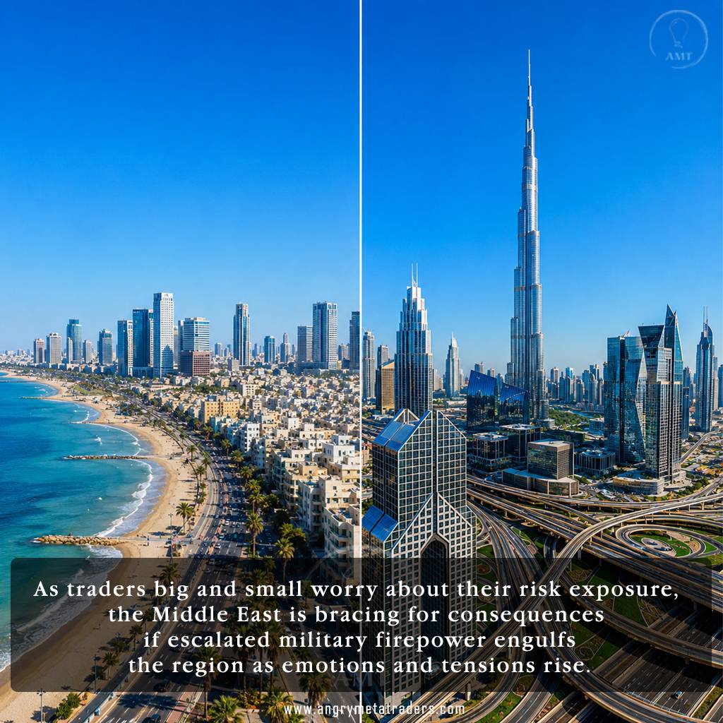 Split view of the Tel Aviv and Dubai skylines illustrating rising geopolitical tensions and financial risk exposure across the Middle East.