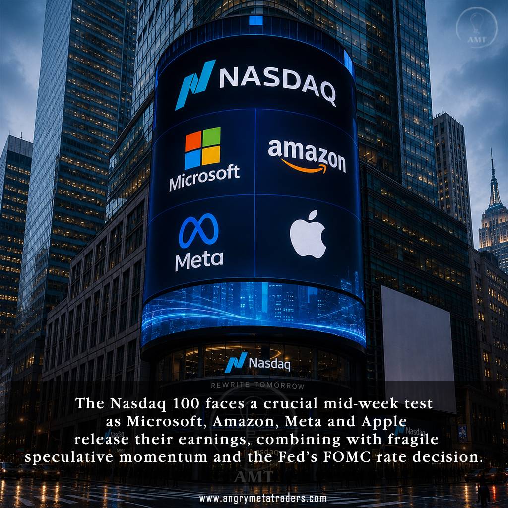 Nasdaq billboard displaying Microsoft, Amazon, Meta and Apple logos ahead of major earnings reports and the Federal Reserve’s FOMC rate decision.