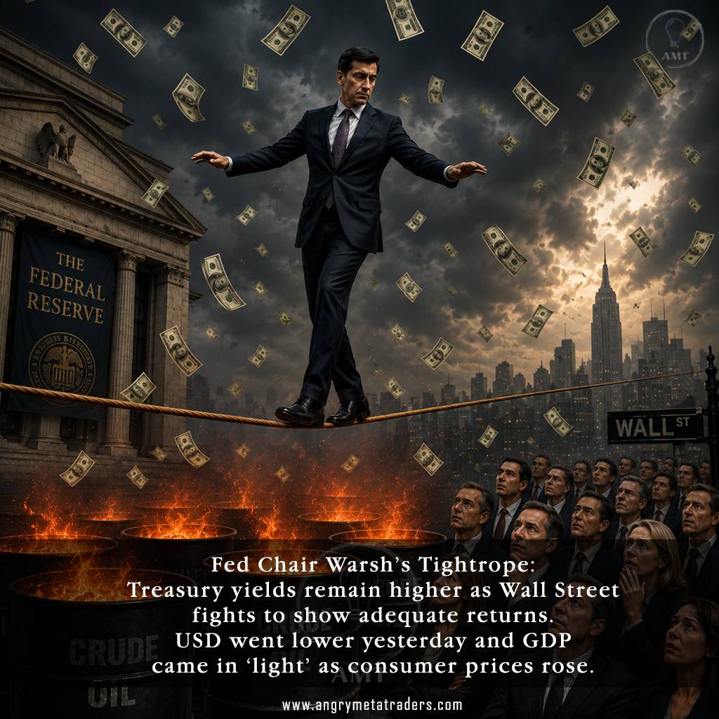 Federal Reserve Chair Kevin Warsh walking a tightrope above burning crude oil barrels as U.S. dollars fall and worried Wall Street investors watch below.