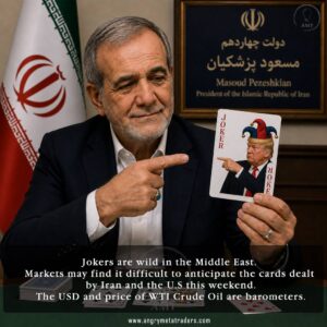 Iranian President Masoud Pezeshkian points at a Joker playing card featuring Donald Trump, while the Joker card points back at him. An Iranian flag and presidential sign appear in the background. Overlaid text reads that "Jokers are wild in the Middle East" and references market uncertainty, the U.S. dollar, and WTI crude oil.