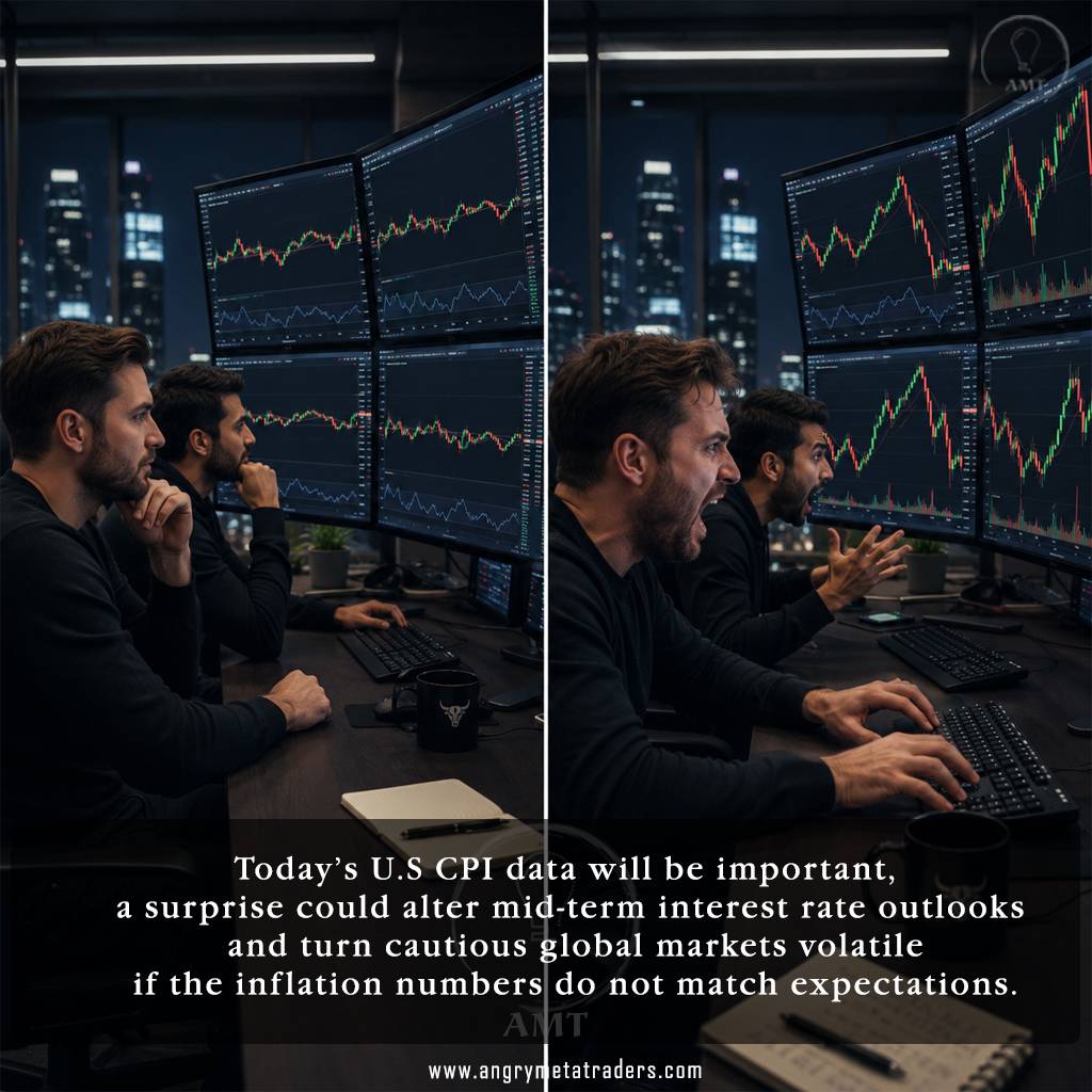 Split-screen image of traders watching calm markets before U.S. CPI data and reacting to volatile price action after an inflation surprise.