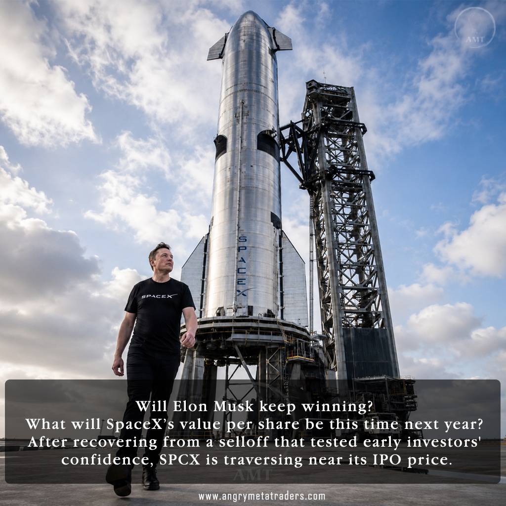 Elon Musk walking beside a SpaceX Starship rocket at Starbase in Texas, with AMT commentary on SpaceX valuation and investor confidence.