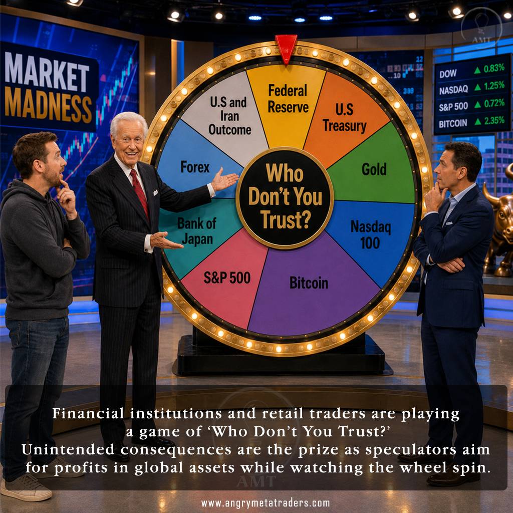 Bob Barker beside a financial market wheel featuring the Federal Reserve, U.S. Treasury, gold, Bitcoin, Nasdaq 100, S&P 500, Forex and Bank of Japan.