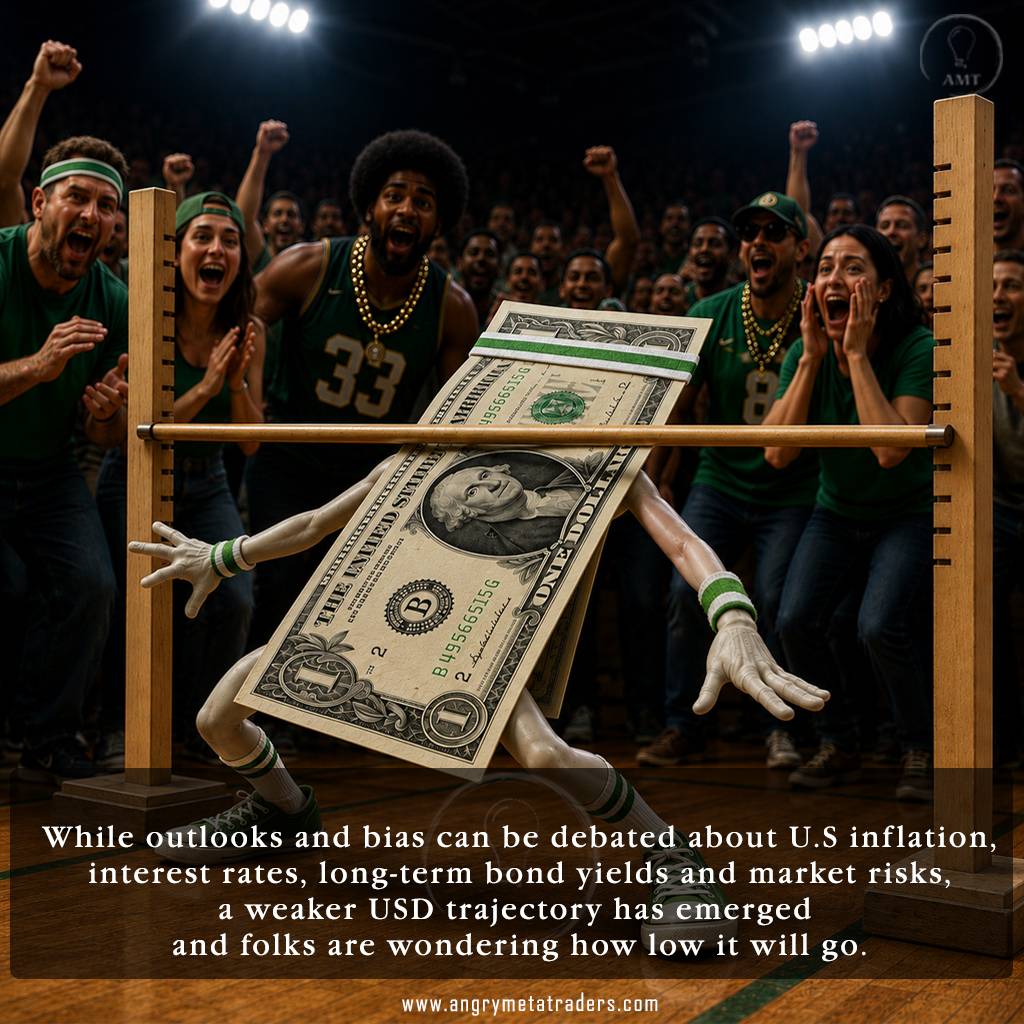 U.S. dollar performing limbo under a low bar as spectators watch, symbolizing a weakening USD amid inflation, interest rates, bond yields and market risks.
