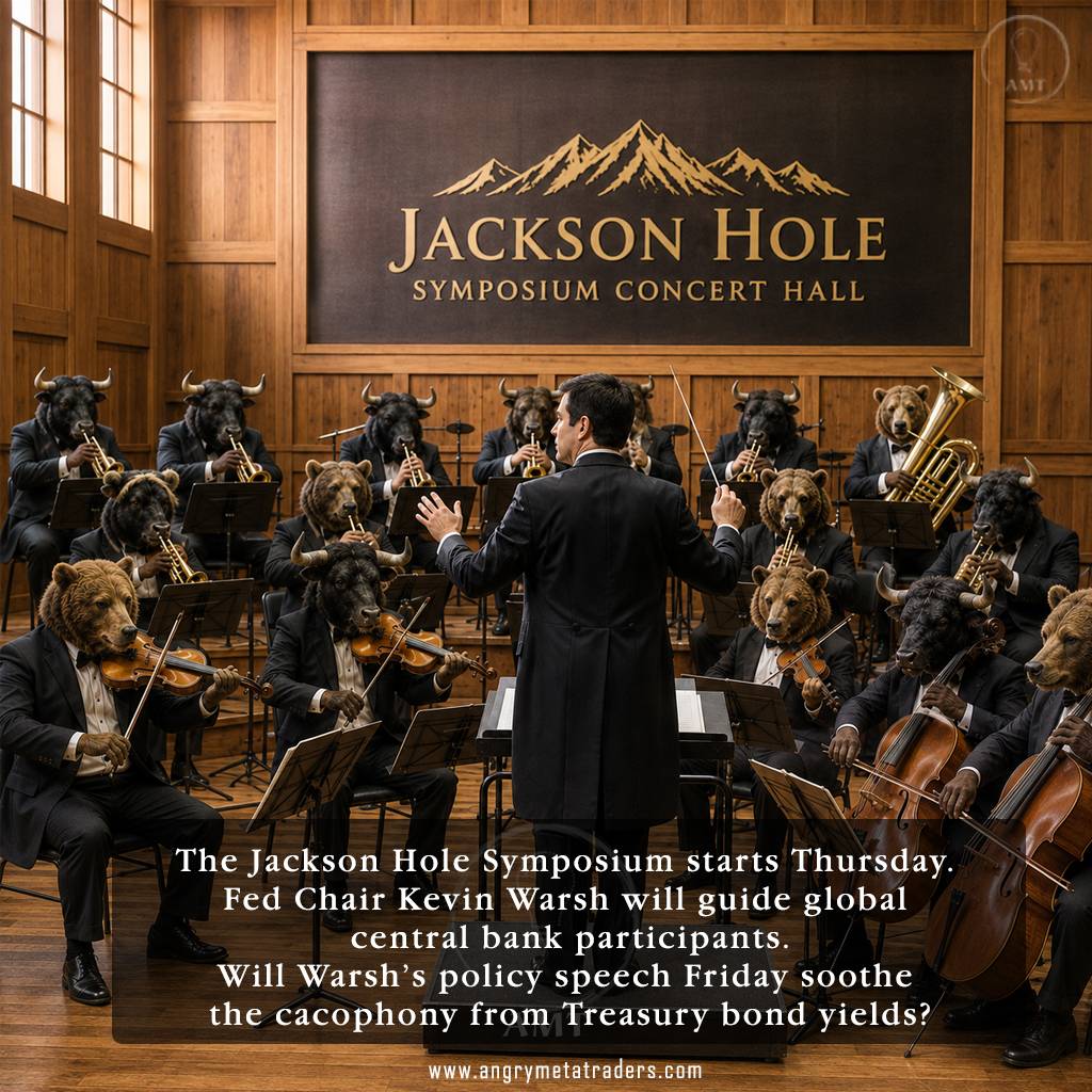 Satirical illustration of Kevin Wersh of the Federal Reserve conductor leading an orchestra of bulls and bears at the fictional Jackson Hole Symposium Concert Hall