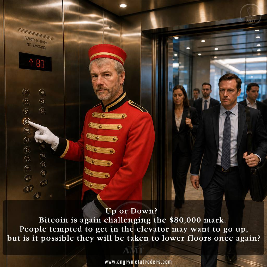 AI illustration of Michael Saylor dressed as an elevator attendant pressing floor 80 as businesspeople enter, symbolizing Bitcoin testing the $80,000 level.