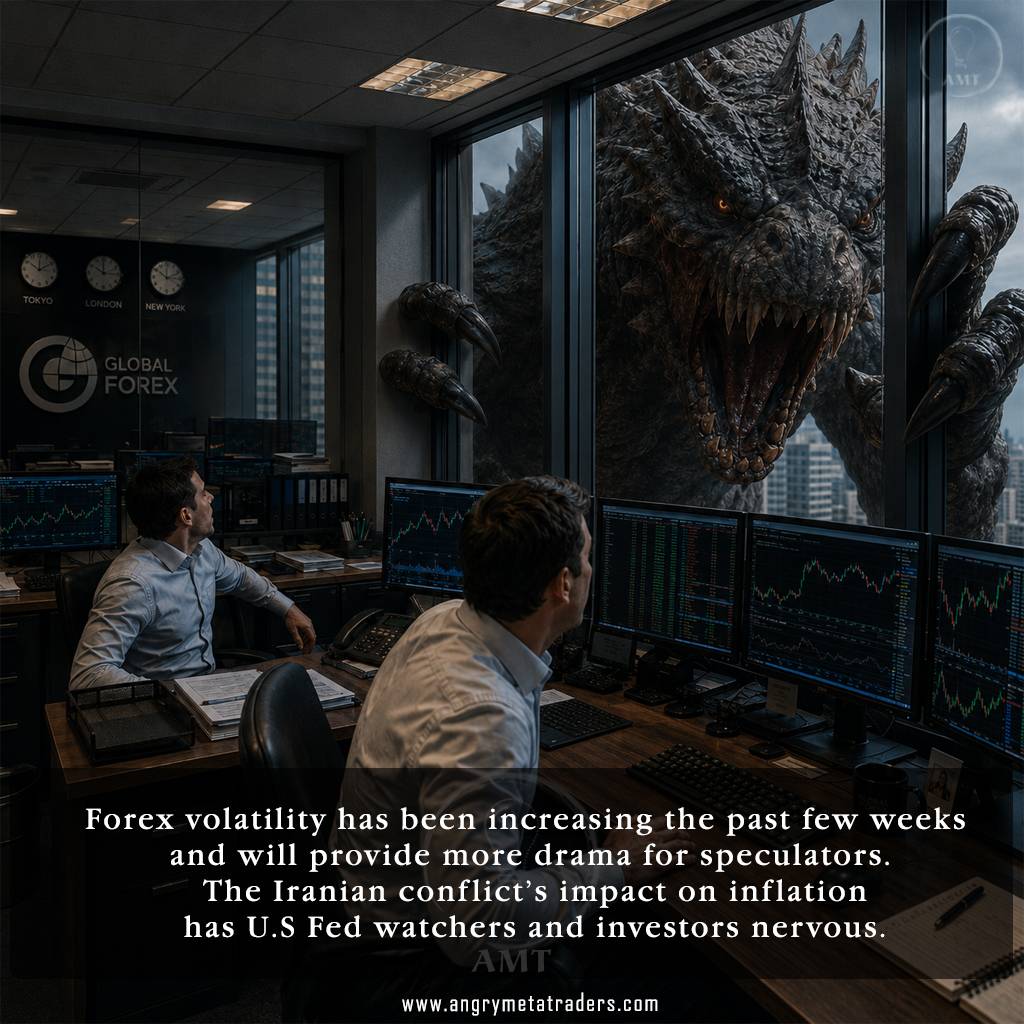 Forex traders watch market screens as a giant monster appears outside their office window, symbolizing rising forex volatility and geopolitical risk.