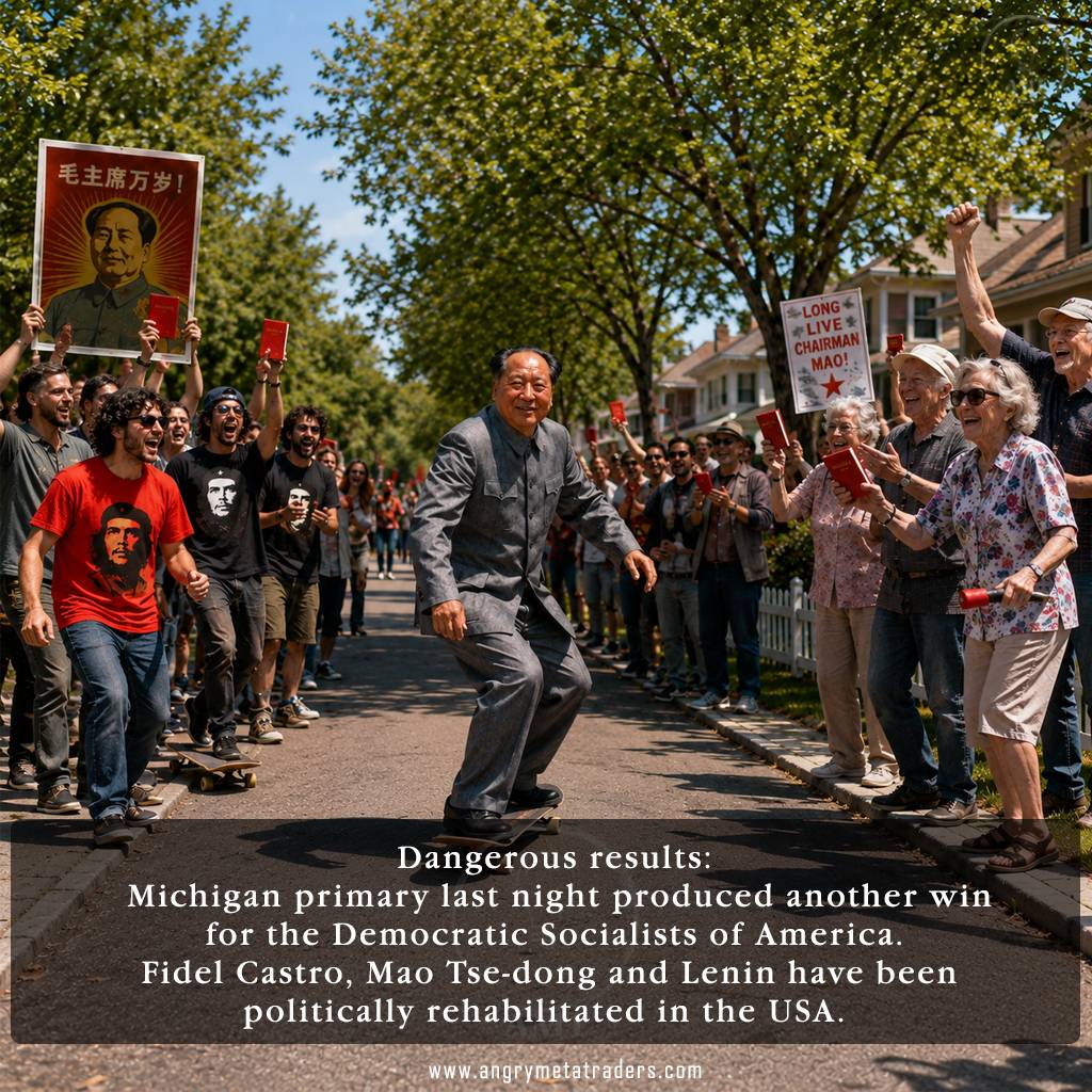 Satirical depiction of Mao Zedong riding a skateboard through a cheering suburban crowd, illustrating commentary on the Michigan primary and democratic socialism.
