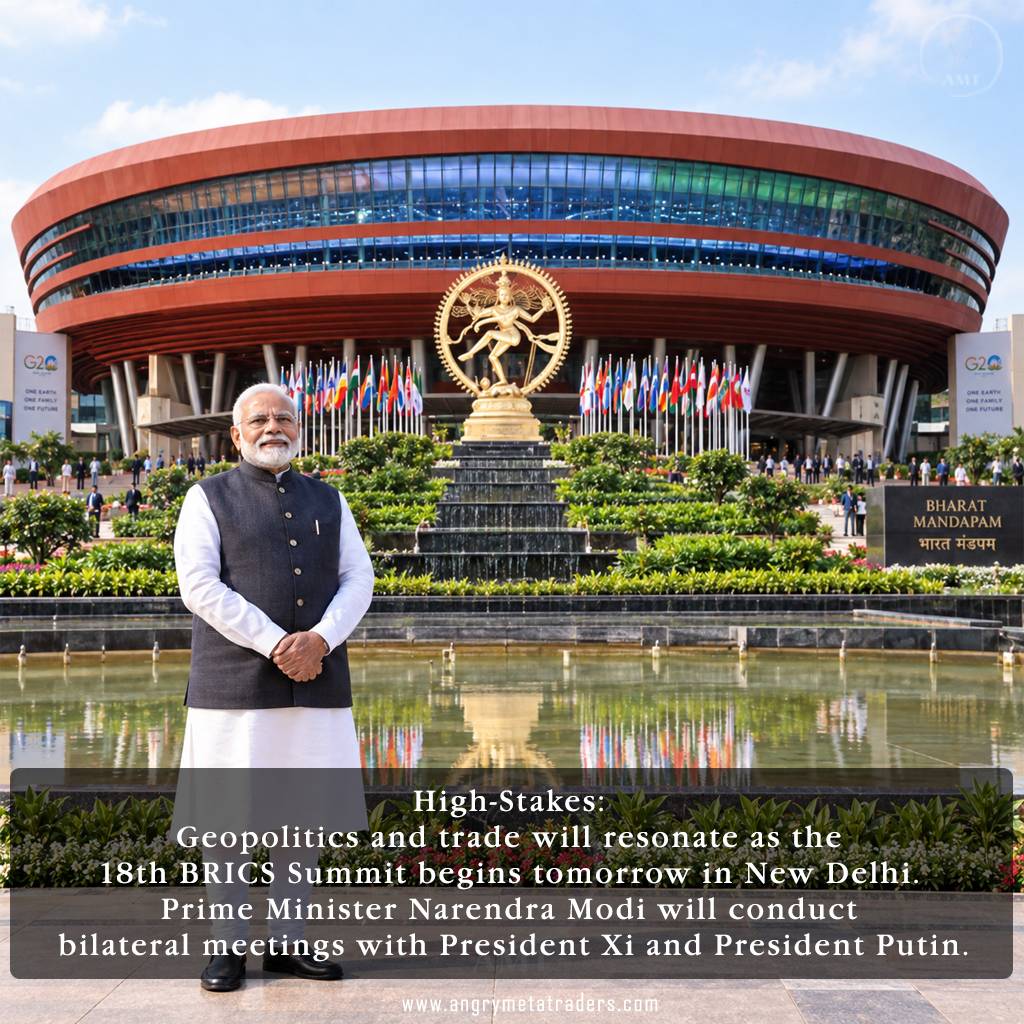 Narendra Modi standing outside Bharat Mandapam in New Delhi ahead of the 18th BRICS Summit and key geopolitical meetings.