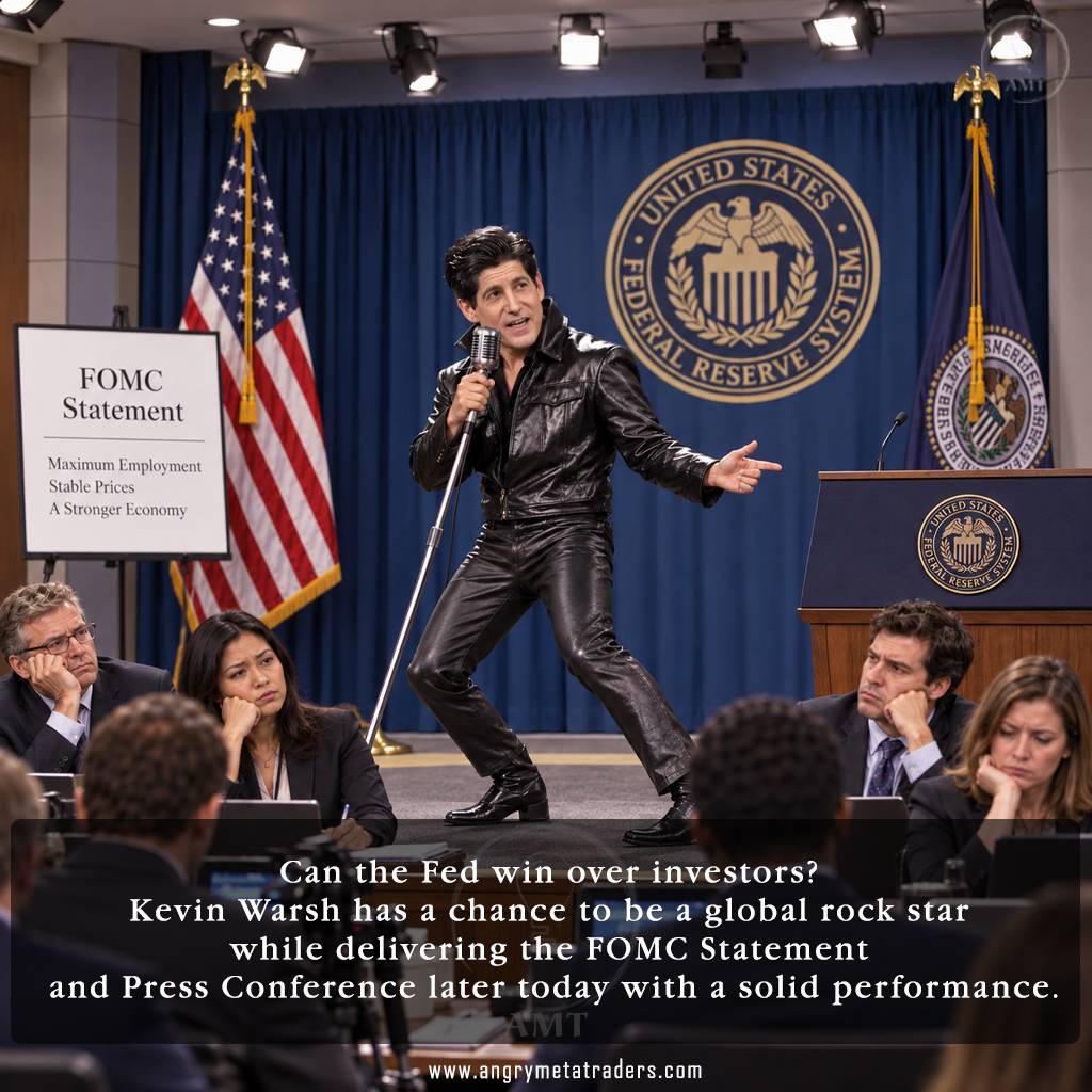Satirical image of Federal Reserve Chairman Kevin Warsh dressed as a 1950s rock-and-roll singer while delivering the FOMC statement to an unimpressed press audience.