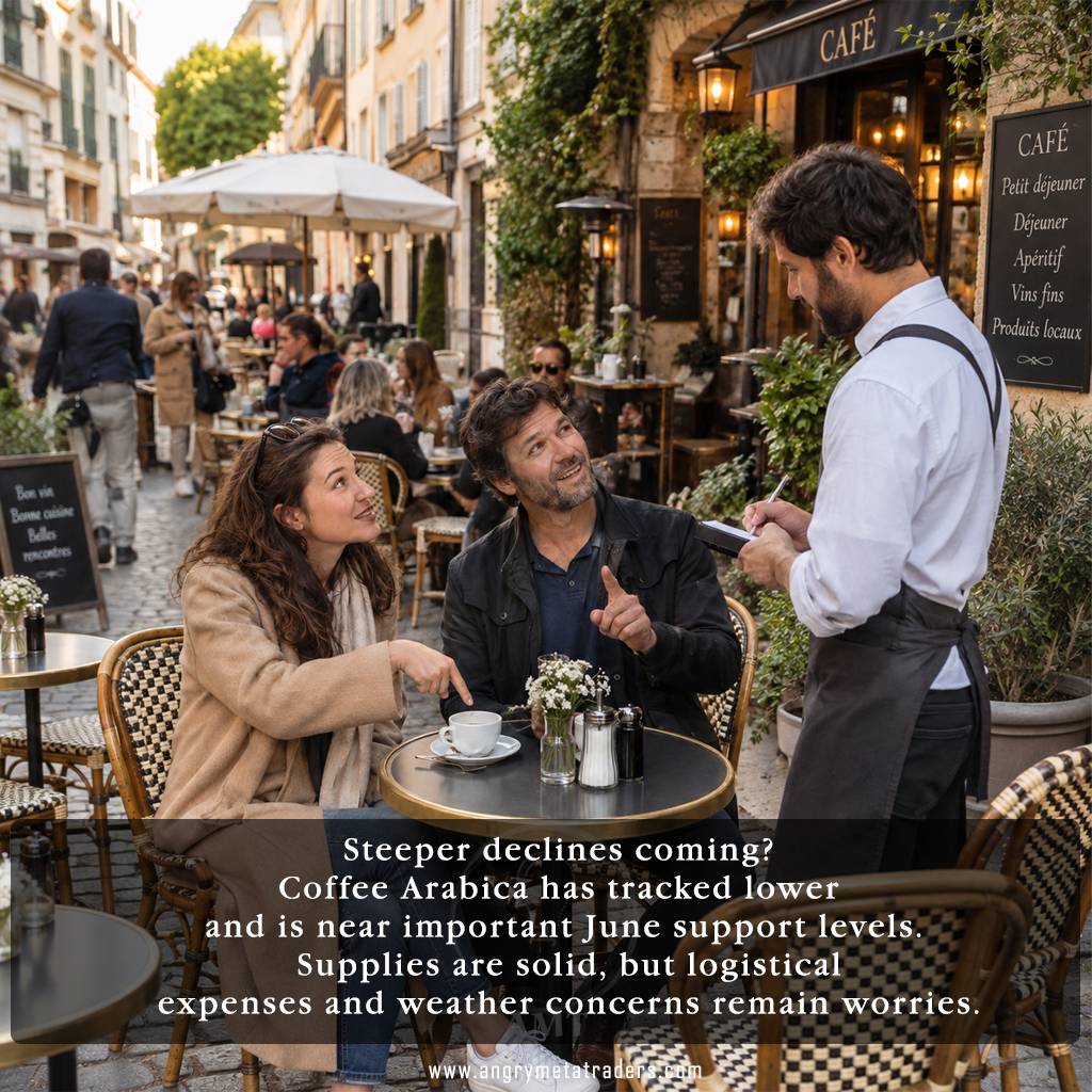Woman and man ordering another coffee at a busy outdoor café, illustrating Coffee Arabica prices, market support levels, supply conditions and commodity trading concerns.
