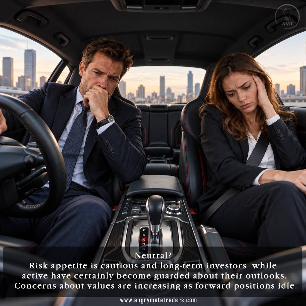 Two concerned investors sit inside a sports car with the gear selector visibly set to neutral, symbolizing cautious market sentiment and investors waiting for clearer direction.