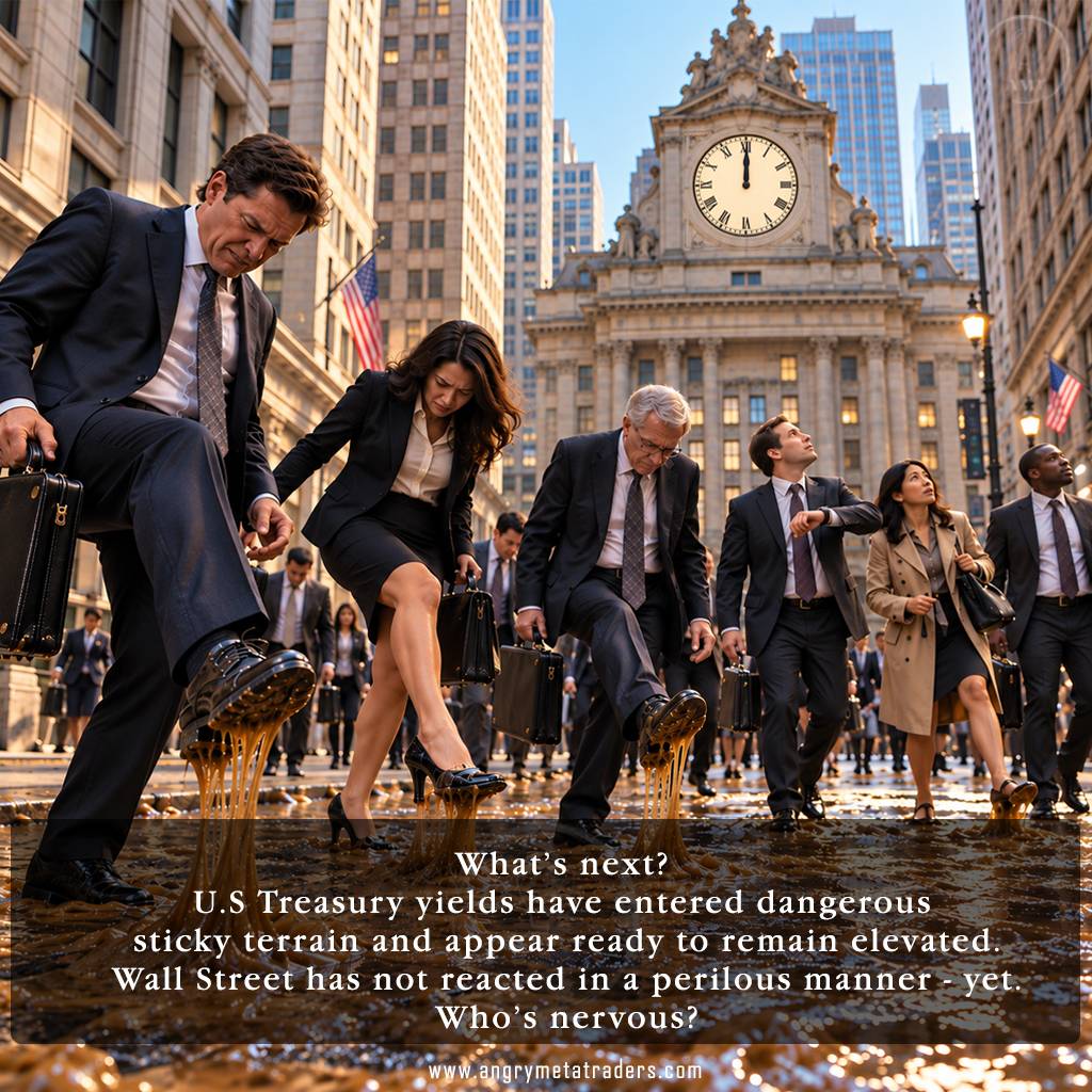 Wall Street investors struggle through sticky terrain as a clock strikes noon, symbolizing elevated U.S. Treasury yields and growing market uncertainty.