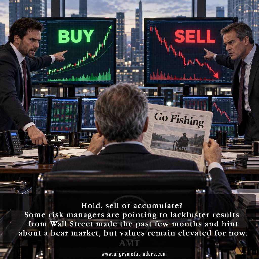 Risk managers in a trading office point to conflicting buy and sell charts while an investor holds a newspaper reading “Go Fishing,” highlighting uncertainty in Wall Street markets.