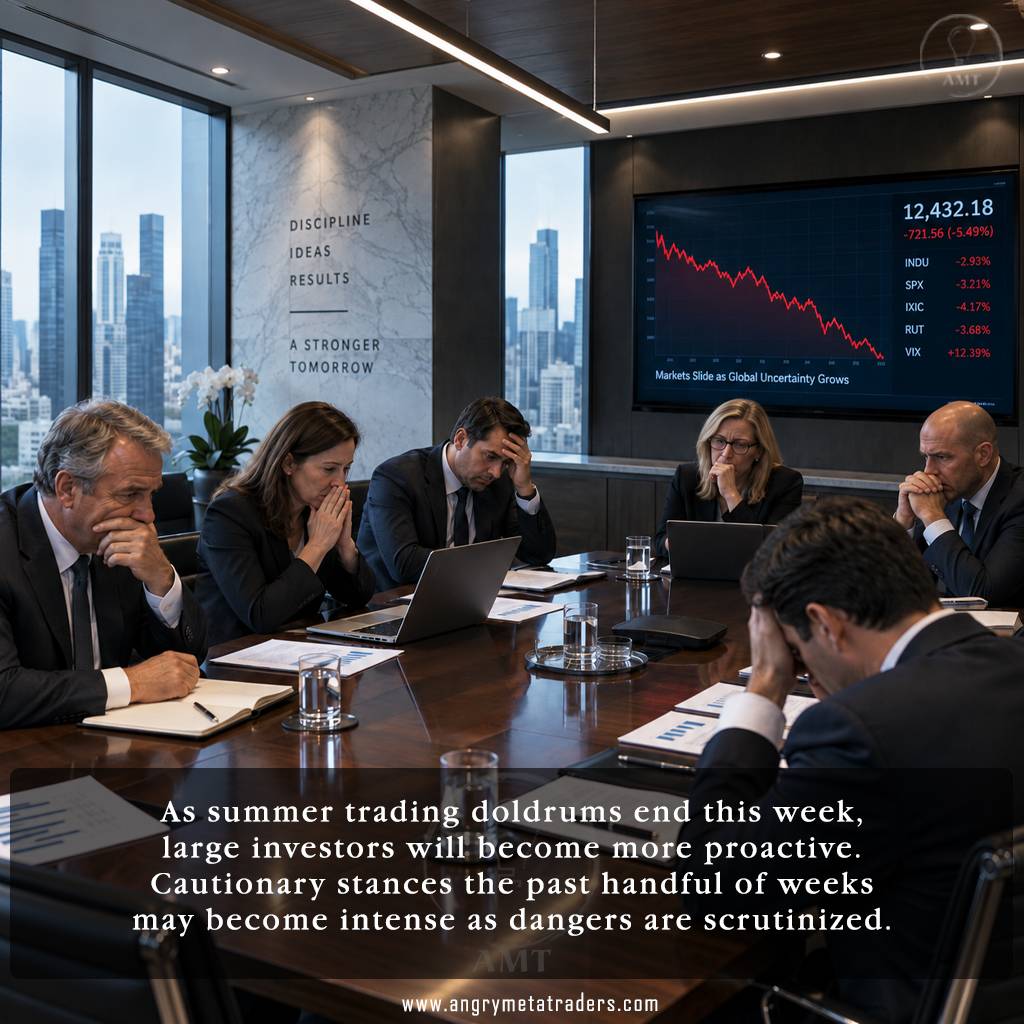 Nervous investors in a corporate boardroom reviewing falling markets as summer trading ends and market risks increase.