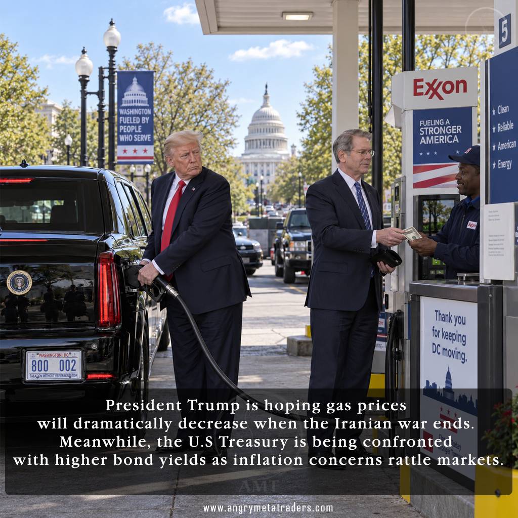 President Donald Trump fueling a Cadillac limousine at a Washington D.C. gas station as Treasury Secretary Scott Bessent pays an attendant, illustrating gas prices, inflation and rising U.S. bond yields.