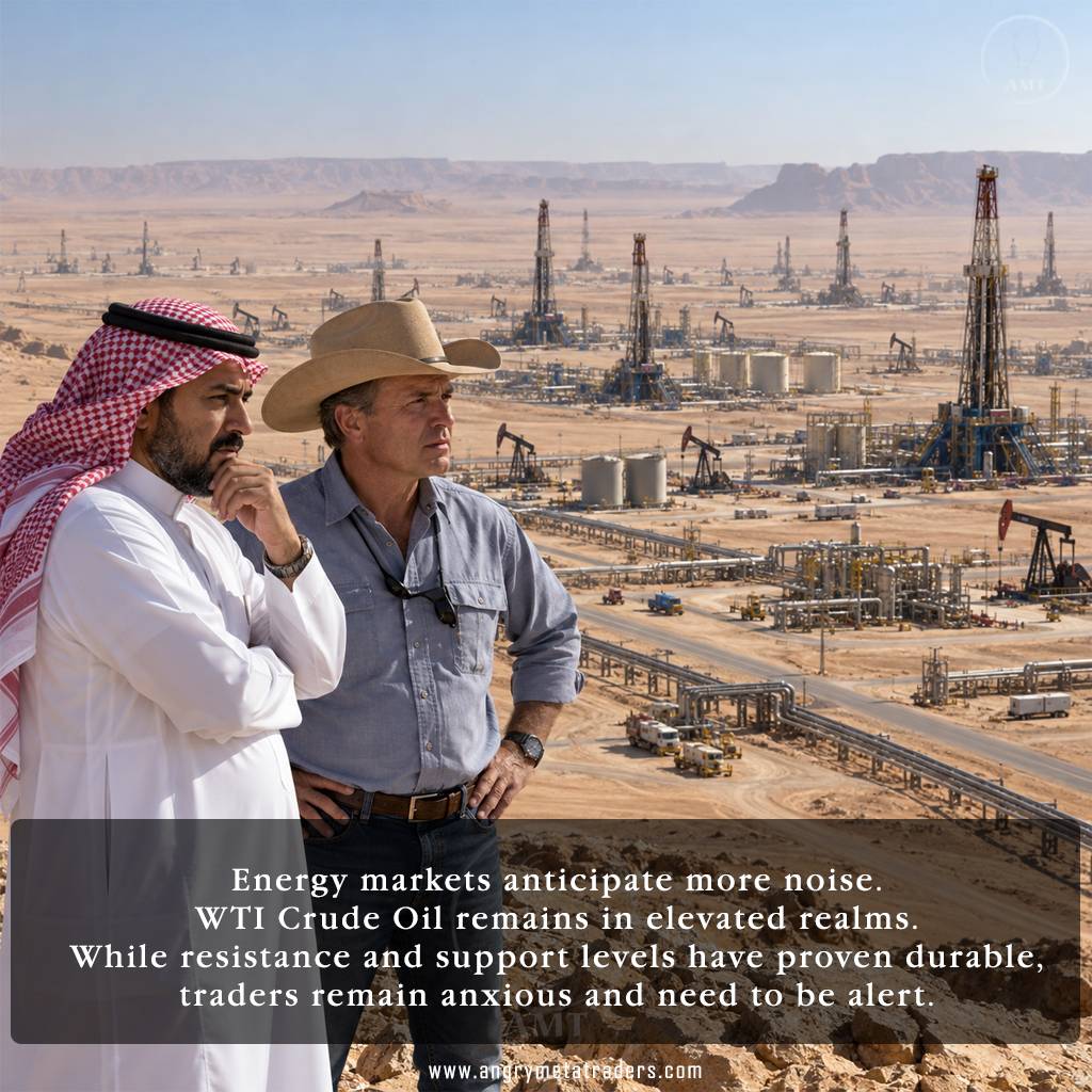 Saudi Arabian oil official and Texan oil executive overlook a vast desert oil field as WTI crude oil market uncertainty grows.