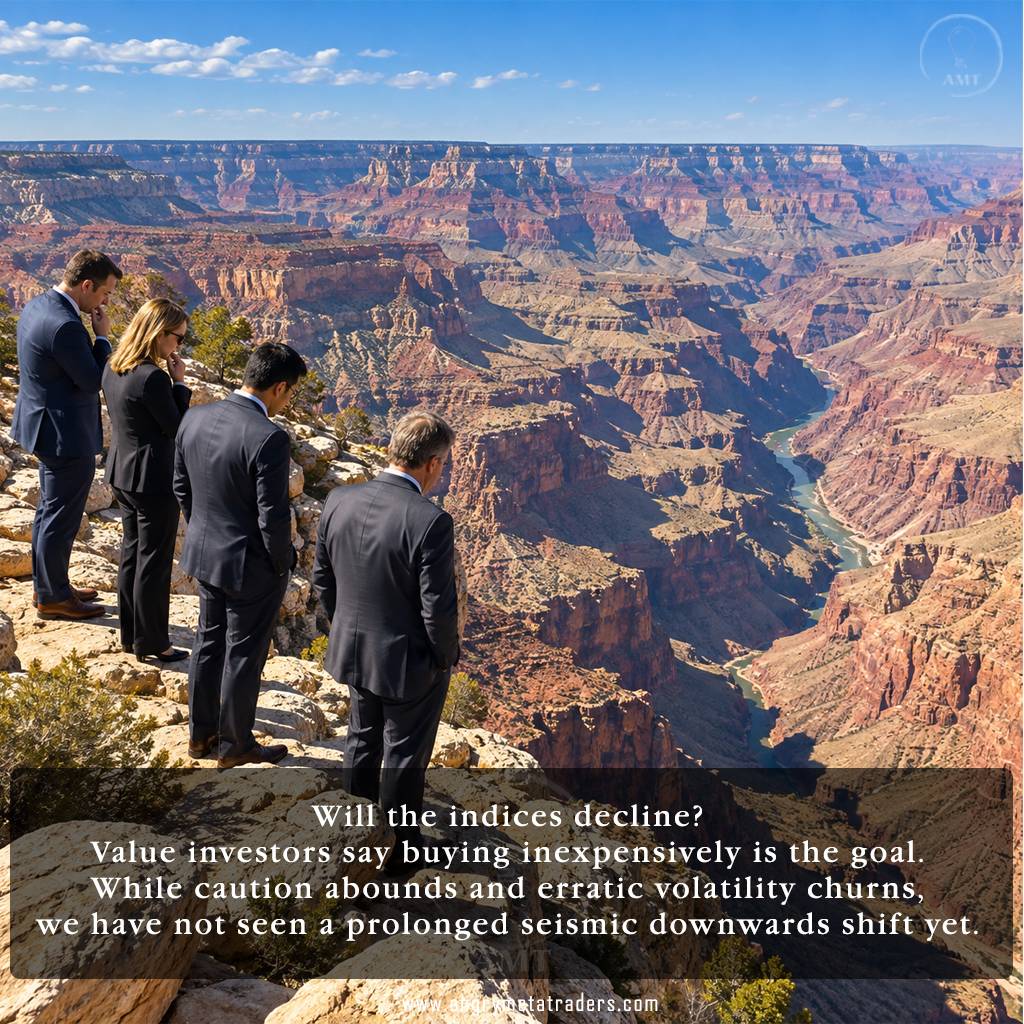 Investors standing at the edge of the Grand Canyon, looking down into its depths, symbolizing stock market uncertainty, potential index declines and investor caution.