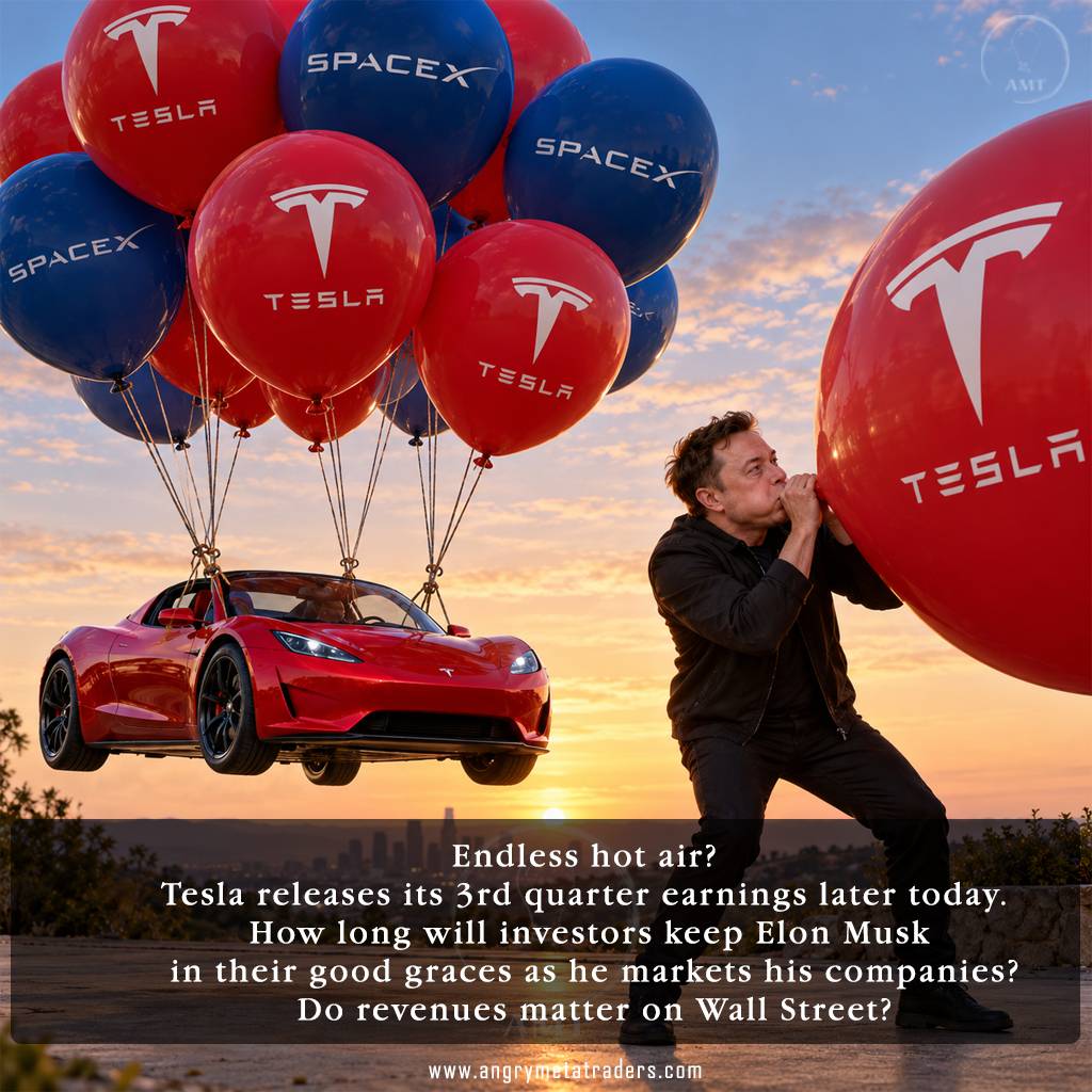 Elon Musk inflating a Tesla balloon as a red Tesla Roadster floats above the ground, lifted by Tesla and SpaceX balloons.