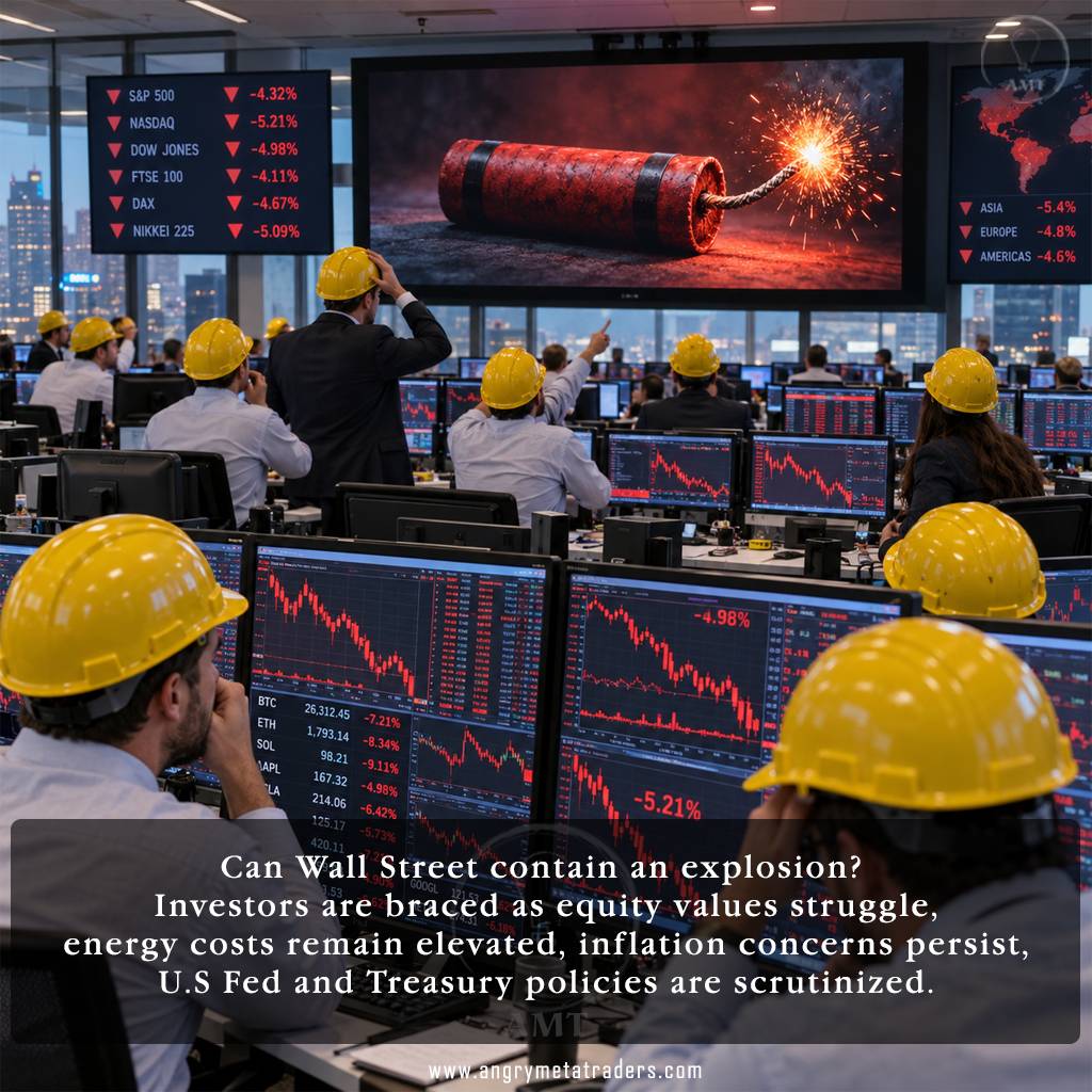 Wall Street traders wearing yellow safety helmets monitor falling stock charts as a burning stick of dynamite signals rising market risks.