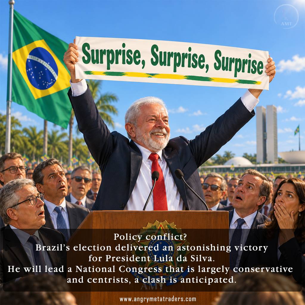 President Lula da Silva holds a Surprise banner as shocked business leaders react to Brazil's election outcome.