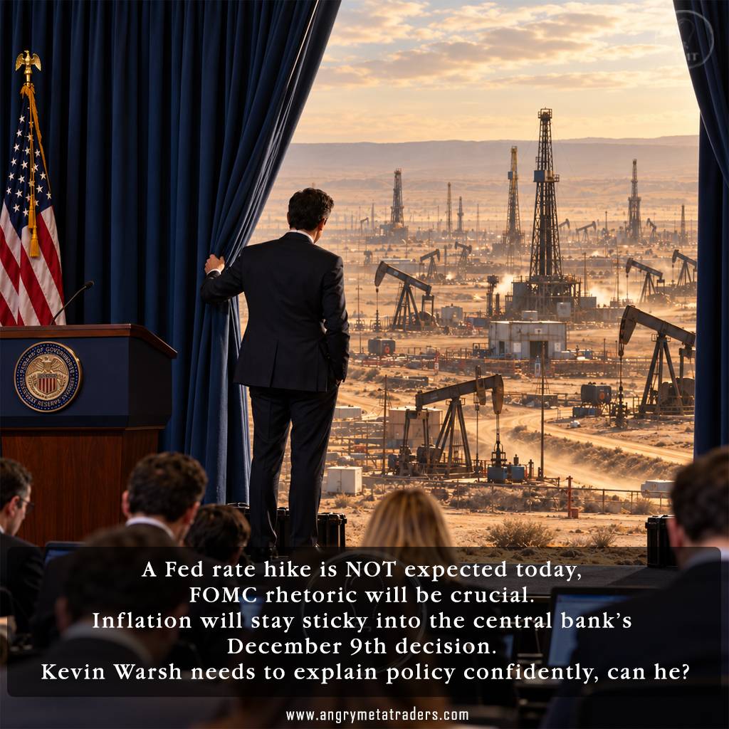Federal Reserve Chair Kevin Warsh opens a curtain revealing an oil field as reporters await his FOMC interest rate announcement.