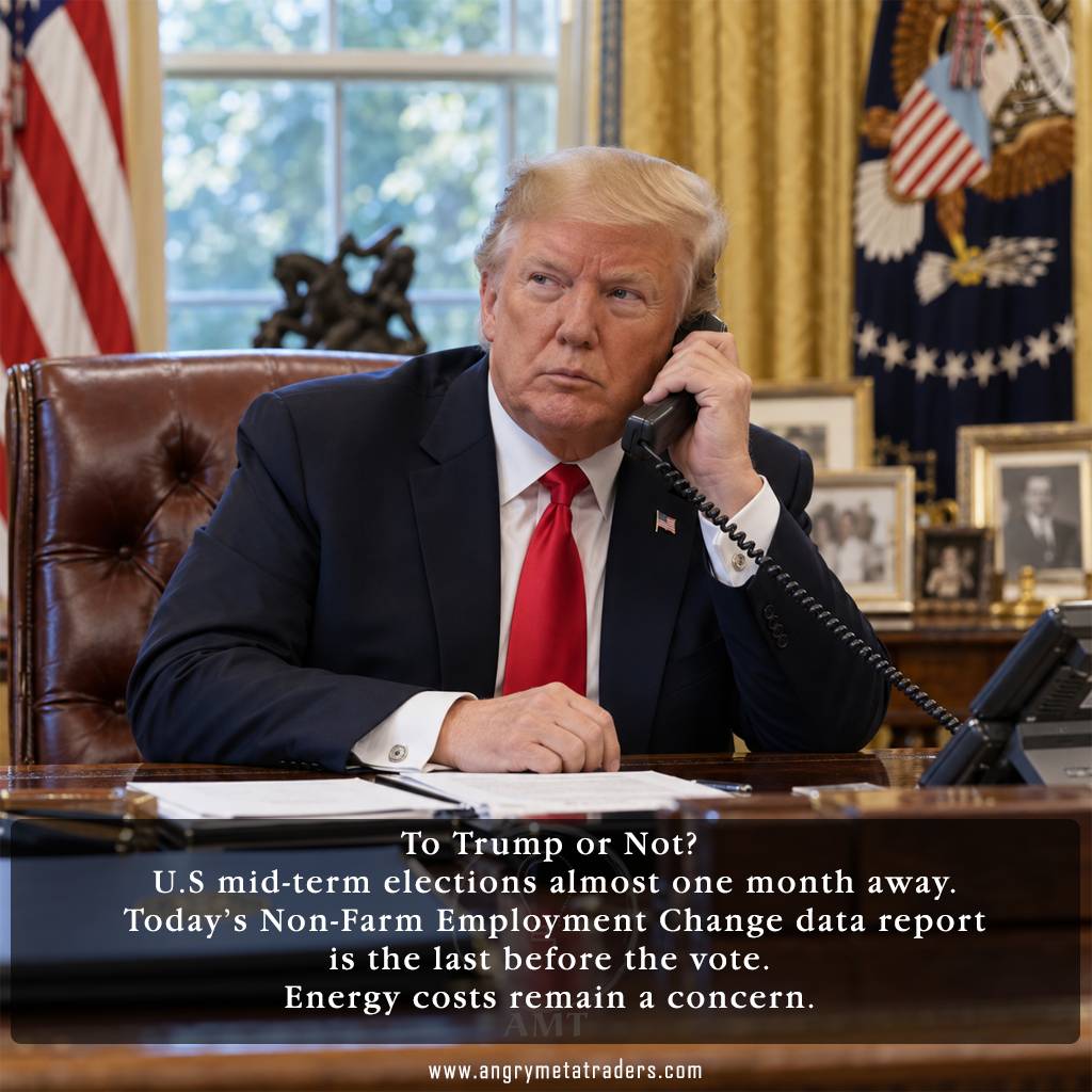 AI-generated image depicting Donald Trump speaking on the phone in the Oval Office as investors focus on the 2026 U.S. midterm elections, employment data and energy costs.