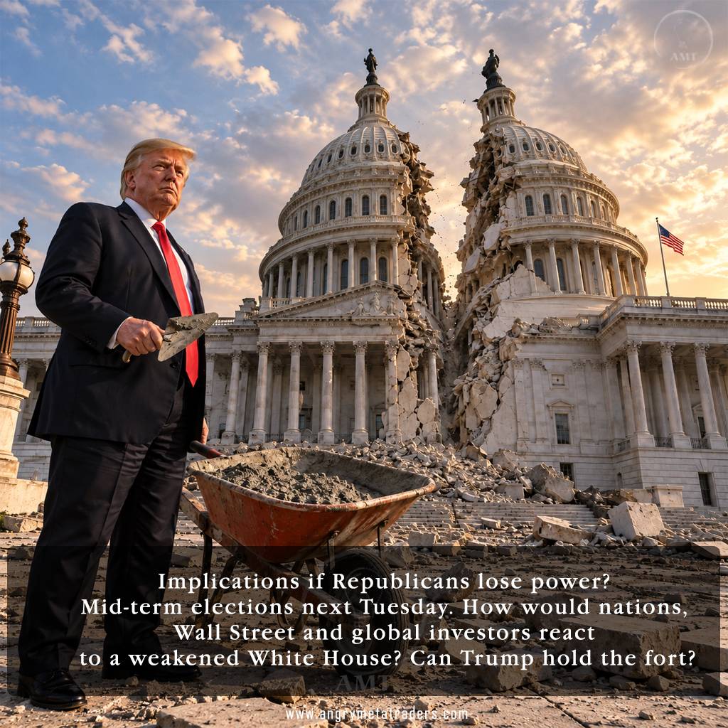 Donald Trump stands with a cement trowel beside a divided US Capitol, symbolizing political uncertainty ahead of the 2026 midterm elections and potential implications for Wall Street and global investors.