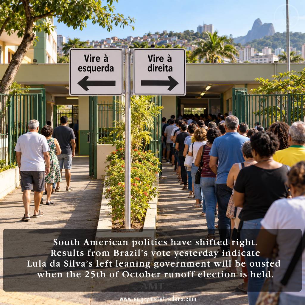 Brazilian voters split between left and right directions at a polling station, illustrating Brazil’s 2026 election and political shift.